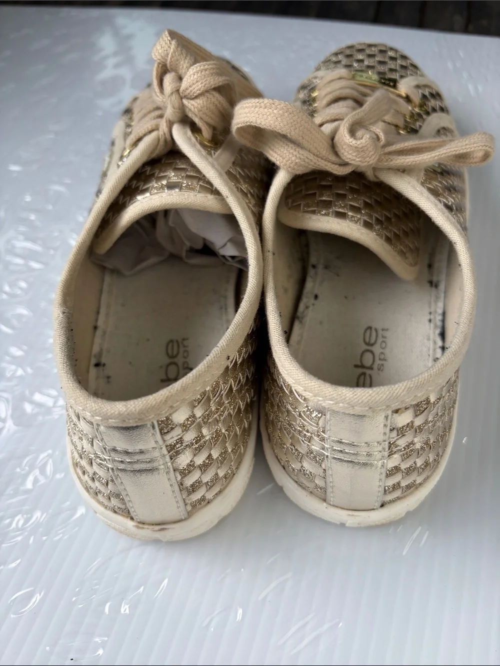 bebe Metallic Beige Woven Lace-Up Sneakers with Gold Accents